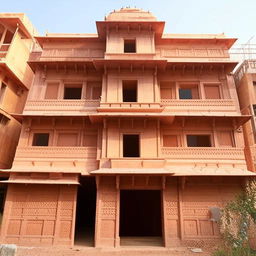 West-facing Indian-style building elevation, 22 feet wide and 40 feet tall, featuring a staircase and building entrance on the right side.