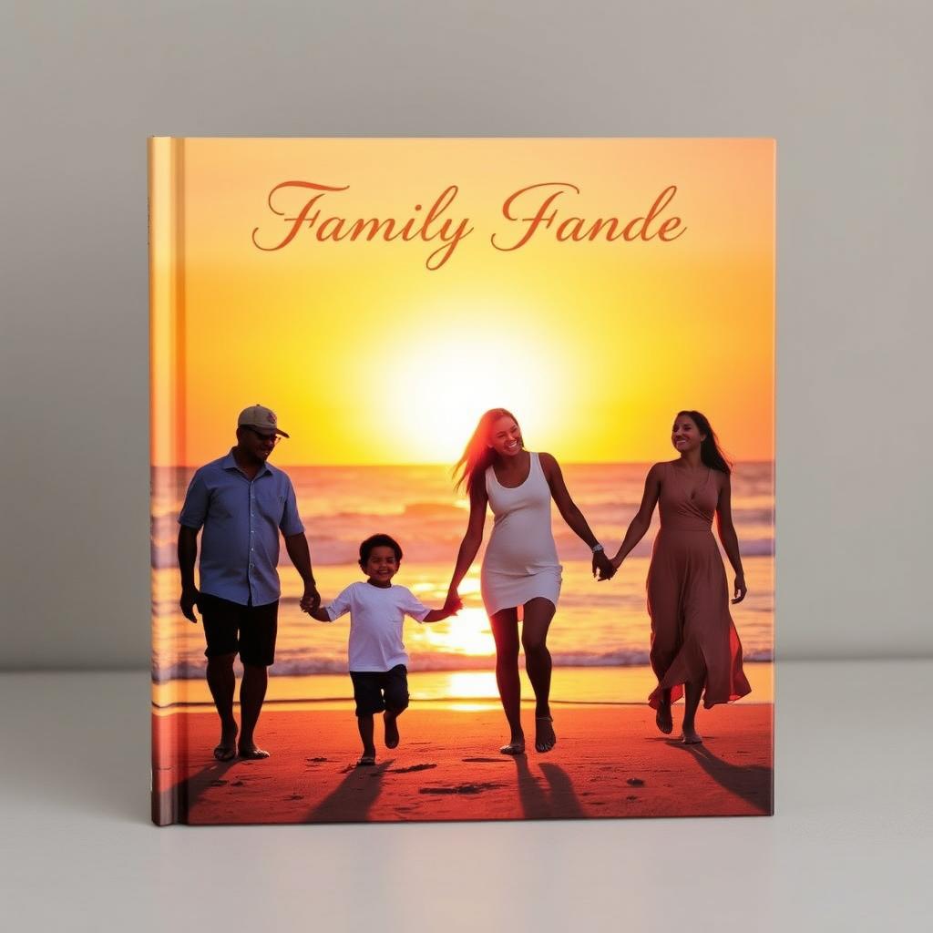 A beautiful book cover showcasing a family standing hand in hand on a serene beach at sunset