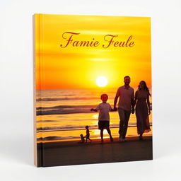 A beautiful book cover showcasing a family standing hand in hand on a serene beach at sunset