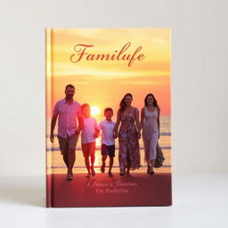 A beautiful book cover showcasing a family standing hand in hand on a serene beach at sunset