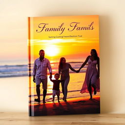 A beautiful book cover showcasing a family standing hand in hand on a serene beach at sunset