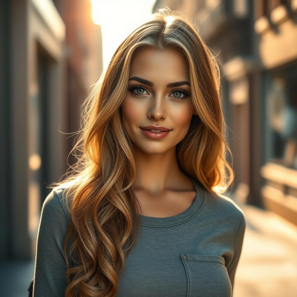 A realistic portrait of a stunning young woman with long, wavy hair cascading over her shoulders