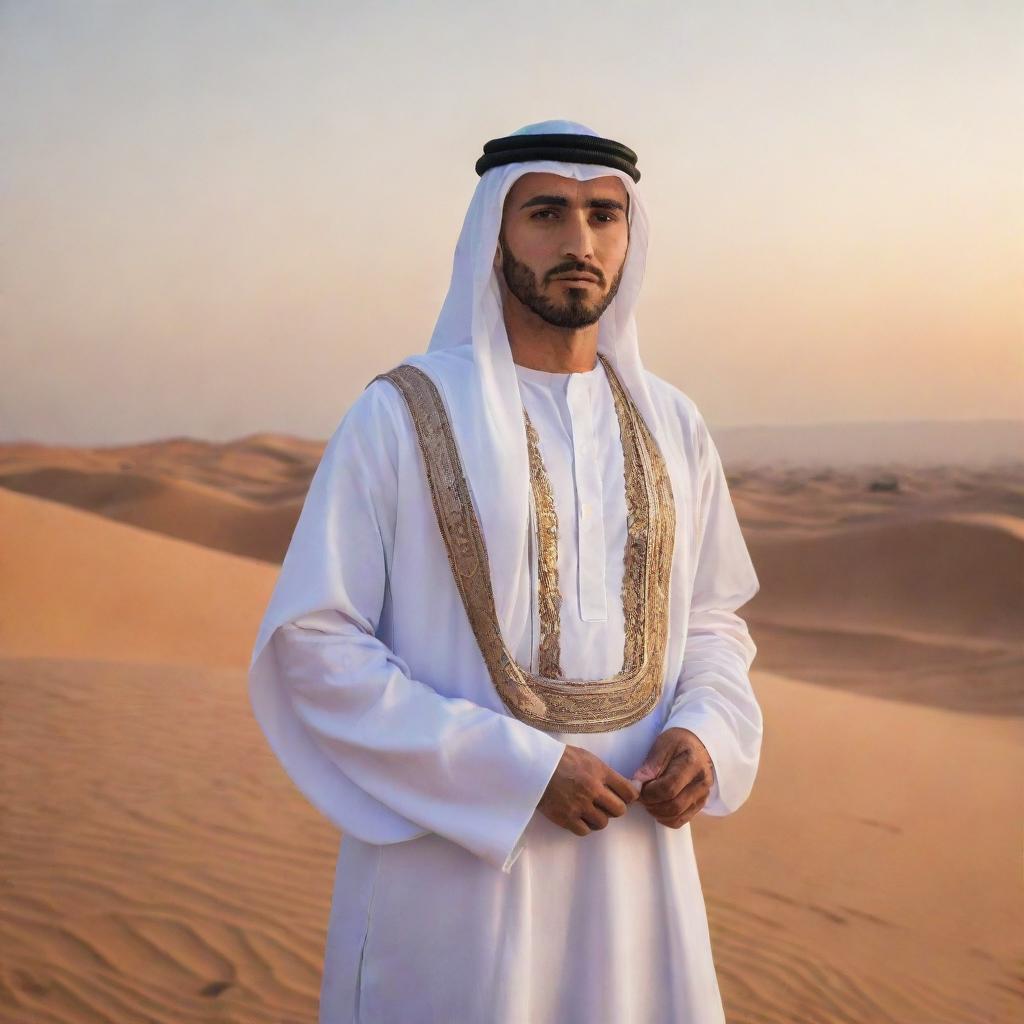 A strong, handsome Arab man dressed in traditional attire, standing confidently amidst the vast desert landscape at sunset