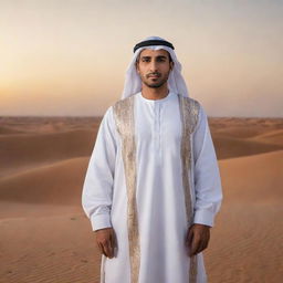 A strong, handsome Arab man dressed in traditional attire, standing confidently amidst the vast desert landscape at sunset