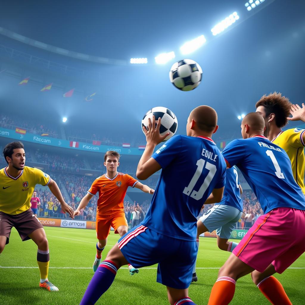 A dynamic and exciting scene from an EA Sports 4 vs 4 soccer match, showcasing eight diverse players in action on the green pitch