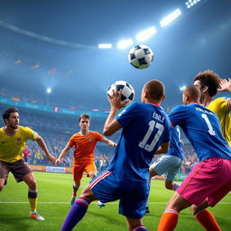 A dynamic and exciting scene from an EA Sports 4 vs 4 soccer match, showcasing eight diverse players in action on the green pitch