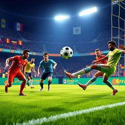 A dynamic and exciting scene from an EA Sports 4 vs 4 soccer match, showcasing eight diverse players in action on the green pitch