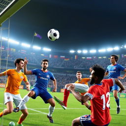 A dynamic and exciting scene from an EA Sports 4 vs 4 soccer match, showcasing eight diverse players in action on the green pitch