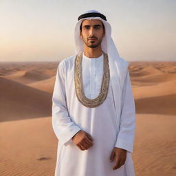 A strong, handsome Arab man dressed in traditional attire, standing confidently amidst the vast desert landscape at sunset