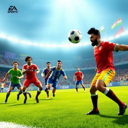 A dynamic and exciting scene from an EA Sports 4 vs 4 soccer match, showcasing eight diverse players in action on the green pitch