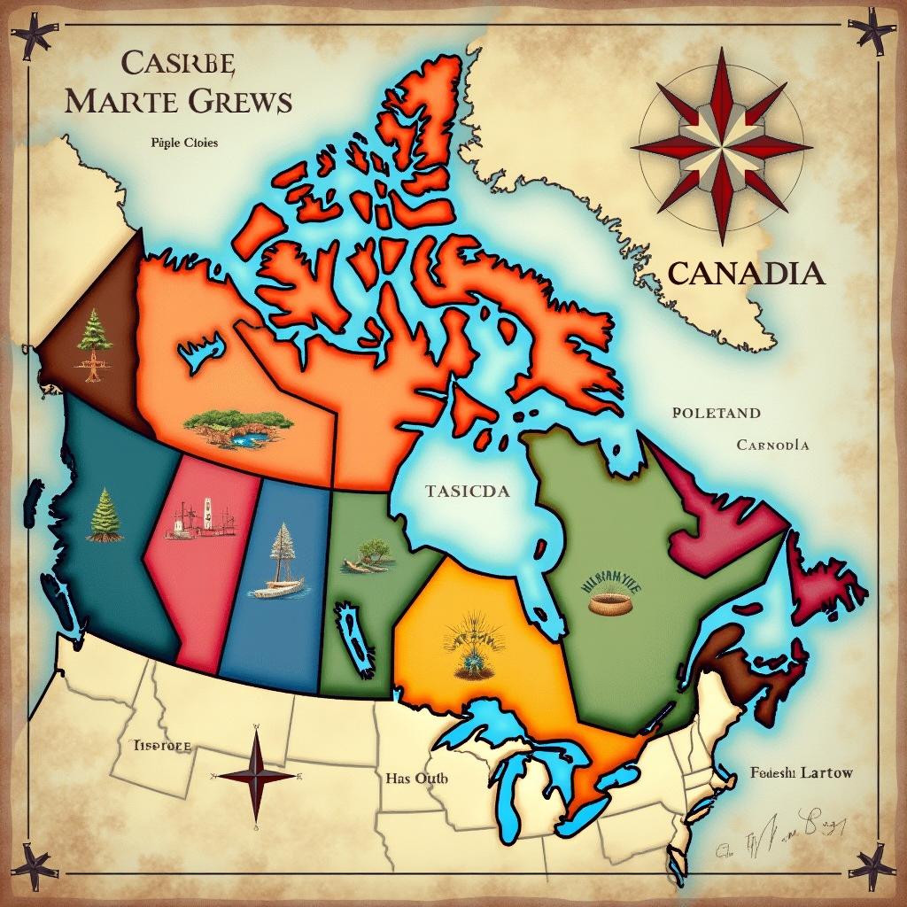 An artistic and detailed map of the provinces and territories of Canada, vividly highlighting each region with distinct colors