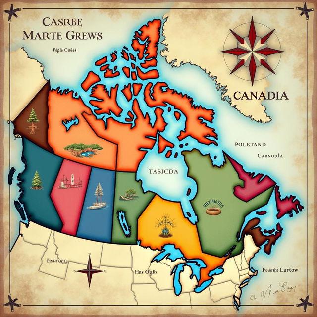 An artistic and detailed map of the provinces and territories of Canada, vividly highlighting each region with distinct colors