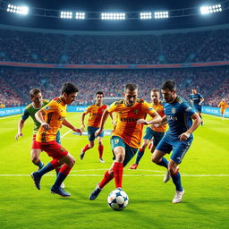 A dynamic scene of a thrilling 4 vs 4 FIFA soccer match, showcasing eight players in action on a vibrant green pitch