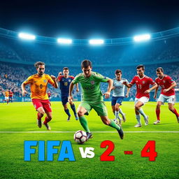 A dynamic scene of a thrilling 4 vs 4 FIFA soccer match, showcasing eight players in action on a vibrant green pitch