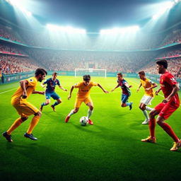 A dynamic scene of a thrilling 4 vs 4 FIFA soccer match, showcasing eight players in action on a vibrant green pitch