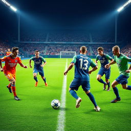 A dynamic scene of a thrilling 4 vs 4 FIFA soccer match, showcasing eight players in action on a vibrant green pitch