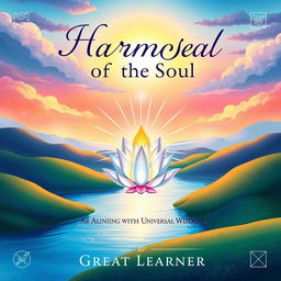 A beautifully illustrated book cover for 'Harmony of the Soul: Aligning with Universal Wisdom by Great Learner