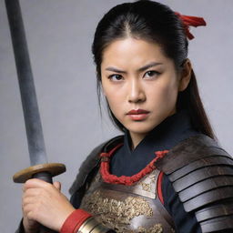 A powerful samurai woman in traditional armor, holding a finely crafted katana, her eyes full of determination and courage.