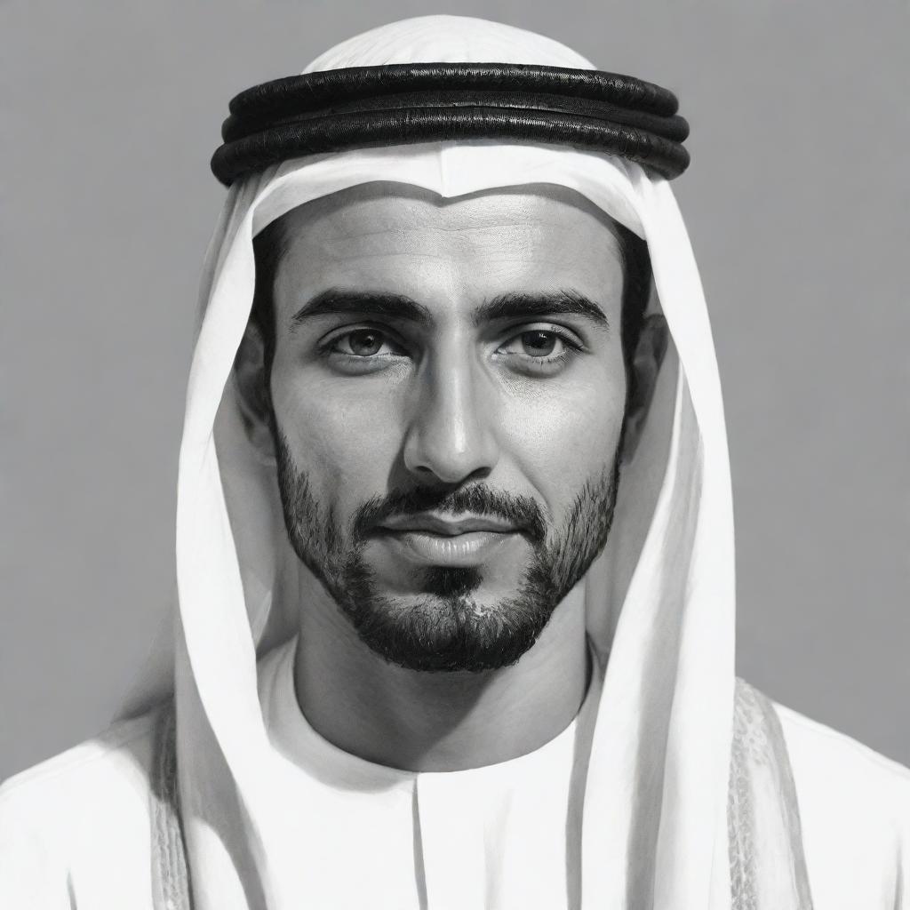 A sketch illustration of a handsome Arab man in traditional attire, expressing facial features that signify strength and determination, suitable for a novel protagonist