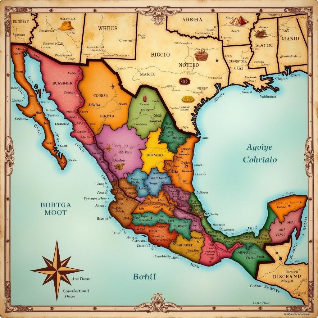 A colorful and detailed map of the states of Mexico, illustrating the country's administrative divisions with distinct colors representing each state