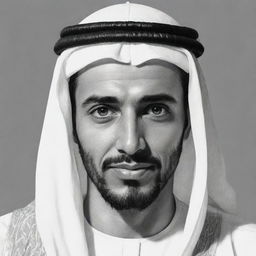 A sketch illustration of a handsome Arab man in traditional attire, expressing facial features that signify strength and determination, suitable for a novel protagonist