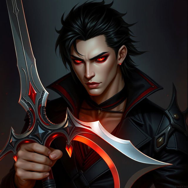 Alistar Bloodthirst, a striking vampire male from Ixalan, aged 132 years but resembling an adult human of 27 years