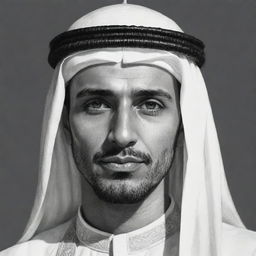 A sketch illustration of a handsome Arab man in traditional attire, expressing facial features that signify strength and determination, suitable for a novel protagonist