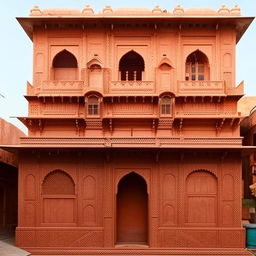 West-facing Indian-style building elevation, 22 feet wide and 40 feet tall, featuring a staircase and building entrance on the right side.