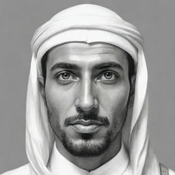 A sketch illustration of a handsome Arab man in traditional attire, expressing facial features that signify strength and determination, suitable for a novel protagonist