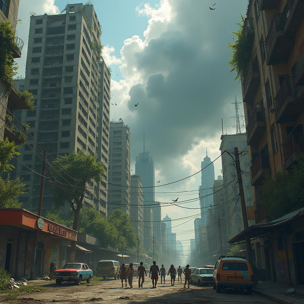 A vivid depiction of an apocalypse in a sprawling Mexican metropolis, showcasing a landscape of towering skyscrapers and bustling streets now in disarray