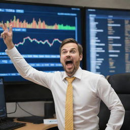 A jubilant trader expressing excitement in front of a giant computer screen showing a rising graph of Bitcoin price. Golden bitcoins flow from the screen, symbolizing success in cryptocurrency trading.