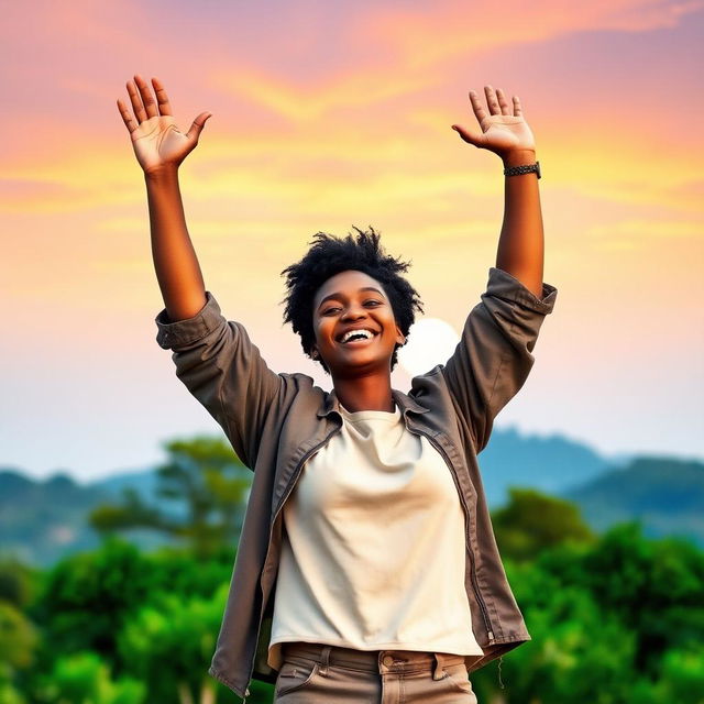 A proud and grateful individual standing in a serene landscape, arms raised towards the sky in celebration