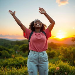 A proud and grateful individual standing in a serene landscape, arms raised towards the sky in celebration