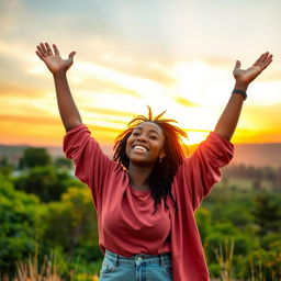 A proud and grateful individual standing in a serene landscape, arms raised towards the sky in celebration