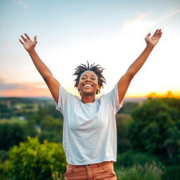 A proud and grateful individual standing in a serene landscape, arms raised towards the sky in celebration