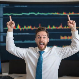 A jubilant trader expressing excitement in front of a giant computer screen showing a rising graph of Bitcoin price. Golden bitcoins flow from the screen, symbolizing success in cryptocurrency trading.