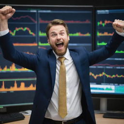 A jubilant trader expressing excitement in front of a giant computer screen showing a rising graph of Bitcoin price. Golden bitcoins flow from the screen, symbolizing success in cryptocurrency trading.