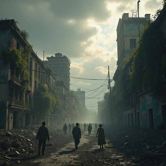 An evocative scene of an apocalyptic metropolis in Guatemala, featuring a skyline of both modern and traditional architecture cloaked in decay