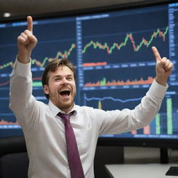 A jubilant trader expressing excitement in front of a giant computer screen showing a rising graph of Bitcoin price. Golden bitcoins flow from the screen, symbolizing success in cryptocurrency trading.