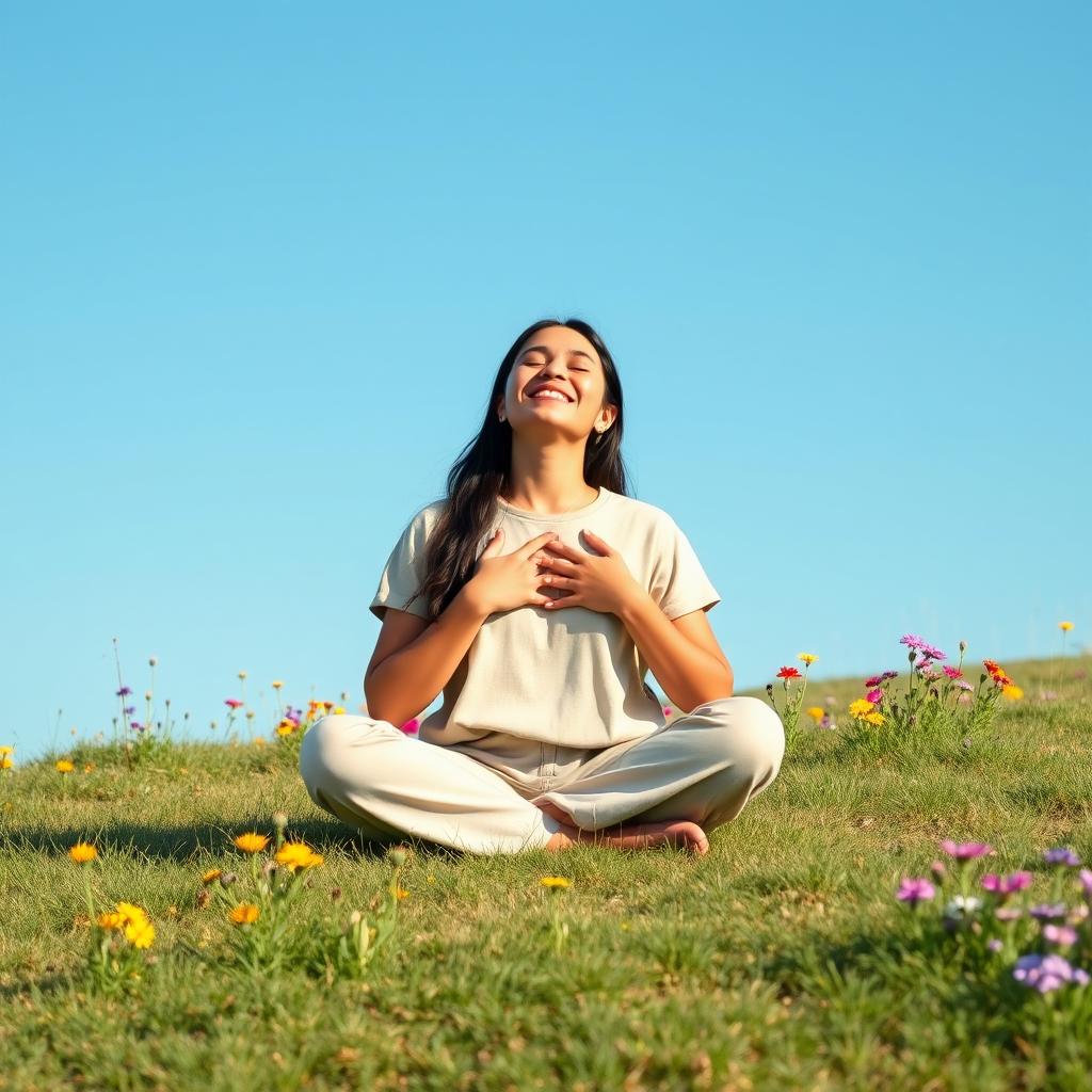 A serene individual sitting cross-legged on a grassy hill, with a peaceful smile and closed eyes, radiating self-love and gratitude