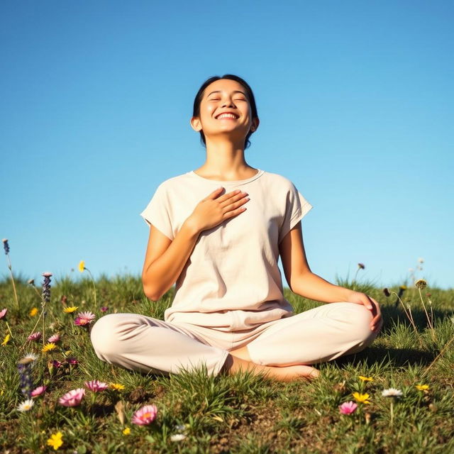 A serene individual sitting cross-legged on a grassy hill, with a peaceful smile and closed eyes, radiating self-love and gratitude