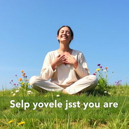 A serene individual sitting cross-legged on a grassy hill, with a peaceful smile and closed eyes, radiating self-love and gratitude