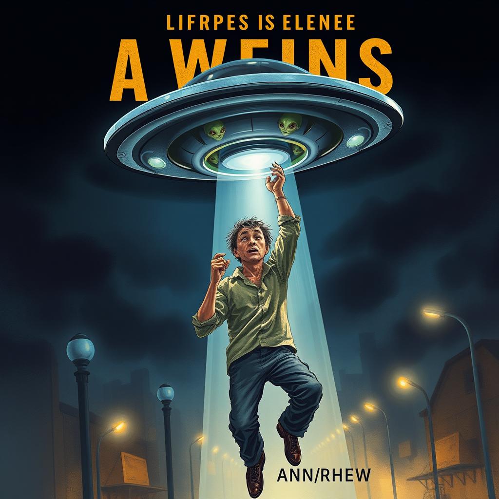 A striking book cover illustration depicting a homeless man being abducted by aliens