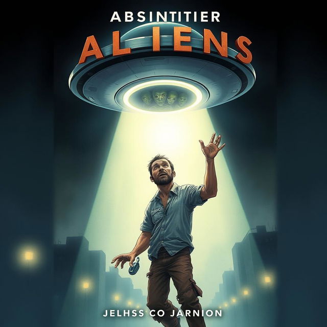 A striking book cover illustration depicting a homeless man being abducted by aliens