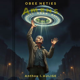 A striking book cover illustration depicting a homeless man being abducted by aliens