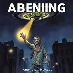 A striking book cover illustration depicting a homeless man being abducted by aliens