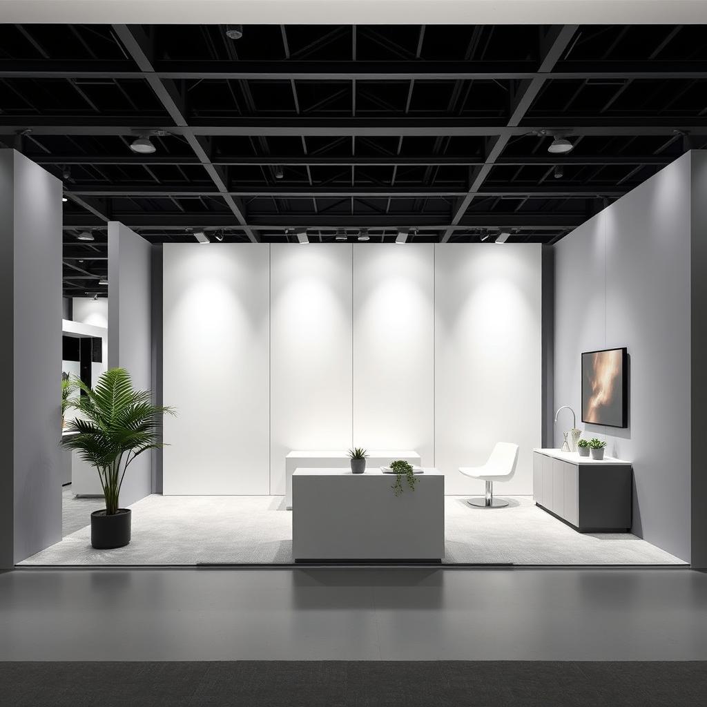 A minimalist convention stand measuring 3 x 2 meters, featuring sleek grey and white walls