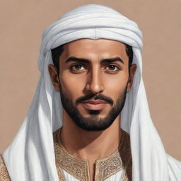 A hand-drawn illustration of a handsome Arabic man, adorned in traditional attire, with a distinctly strong and chiseled face, ideal for a novel's main character