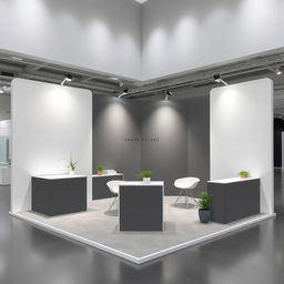 A minimalist convention stand measuring 3 x 2 meters, featuring sleek grey and white walls