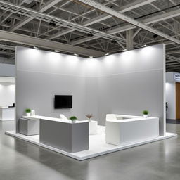 A minimalist convention stand measuring 3 x 2 meters, featuring sleek grey and white walls